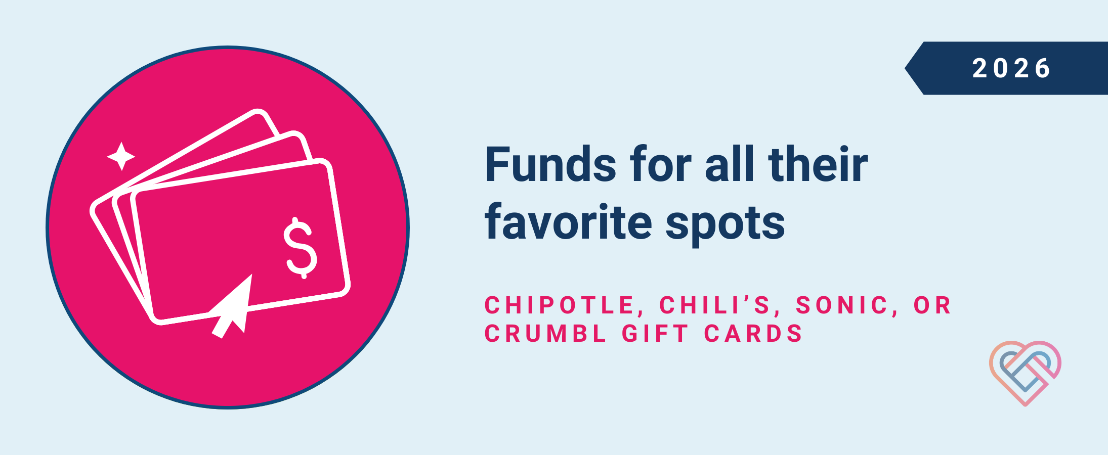 Funds for all their favorite spots: Chipotle, Chili's, Sonic, or Crumbl gift cards