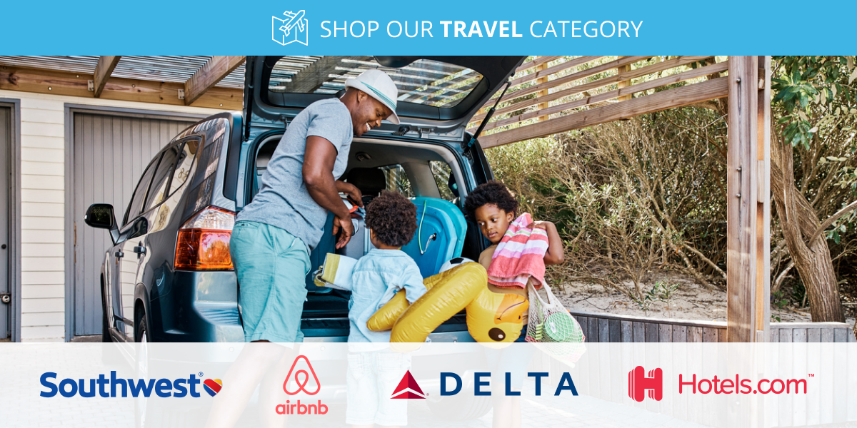 Shop our travel category for brands like Southwest, Airbnb, Delta, and hotels.com to earn with your travel plans
