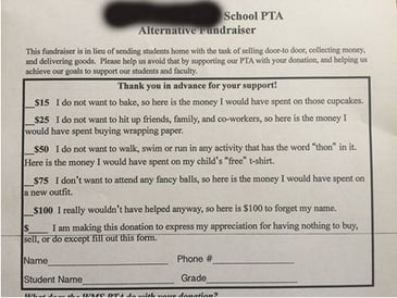 Funny no-fundraiser fundraiser form from Texas PTA