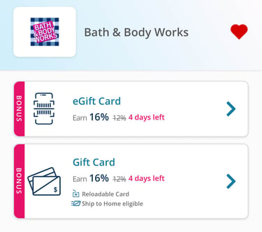 bath and body works gift card earning example
