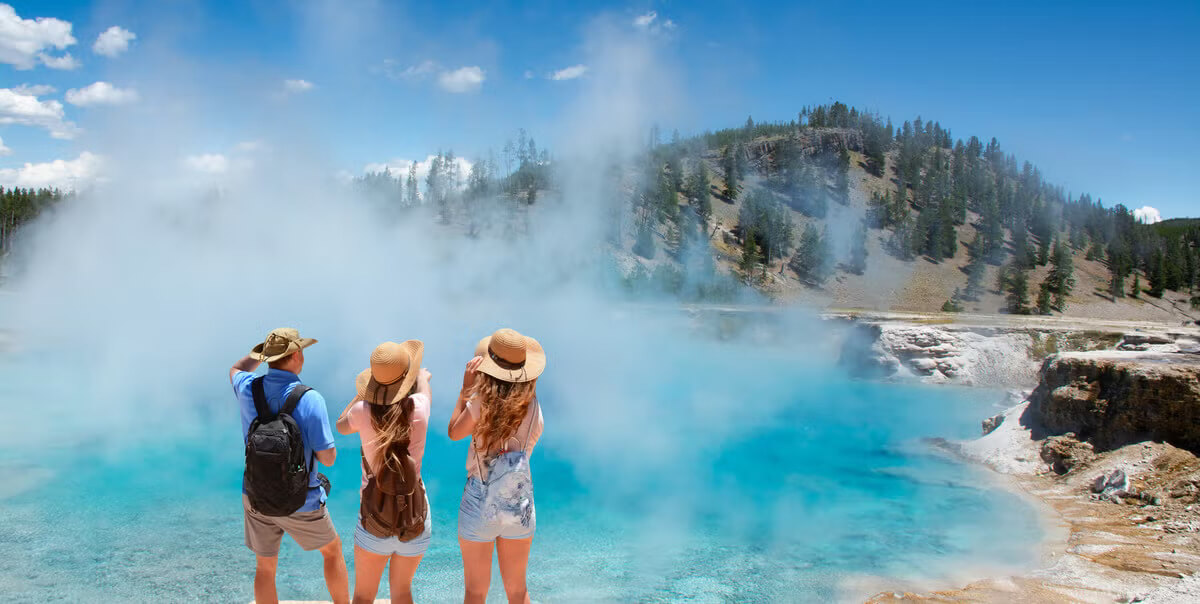 family visiting Yellowstone