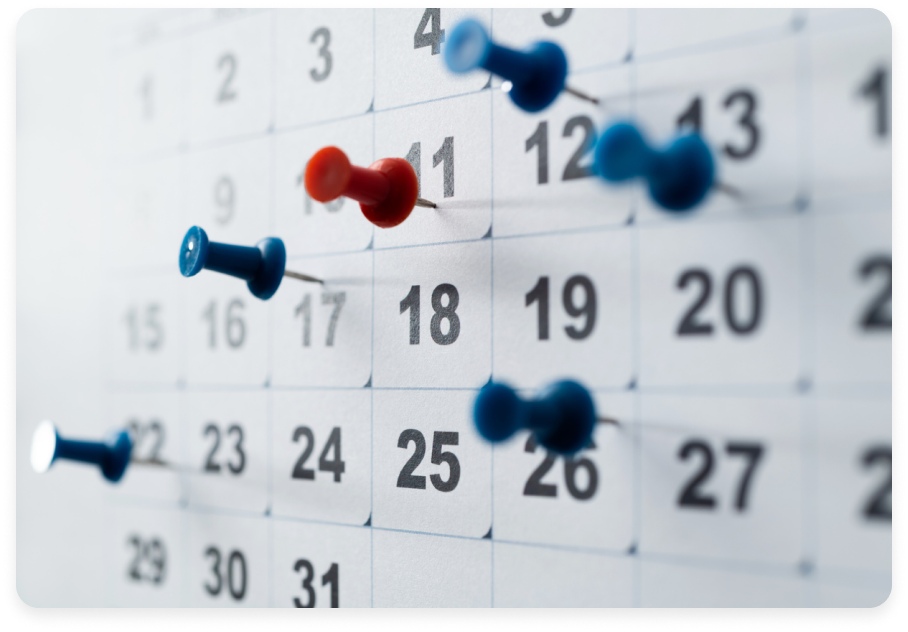 Wall calendar with pins marking important dates